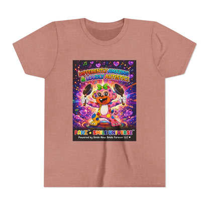 Panz™ Youth Short Sleeve Tee – "Differently Amazing & Loudly Autistic!" Graphic | Smile Universe Collection