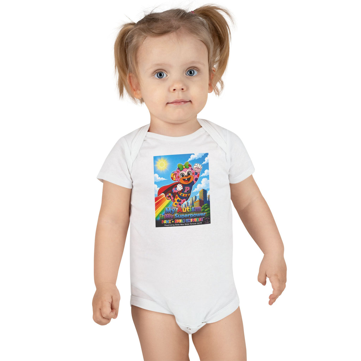 Panz™ Baby Short Sleeve Onesie® – "My Autism is My Superpower" Graphic | Smile Universe Collection