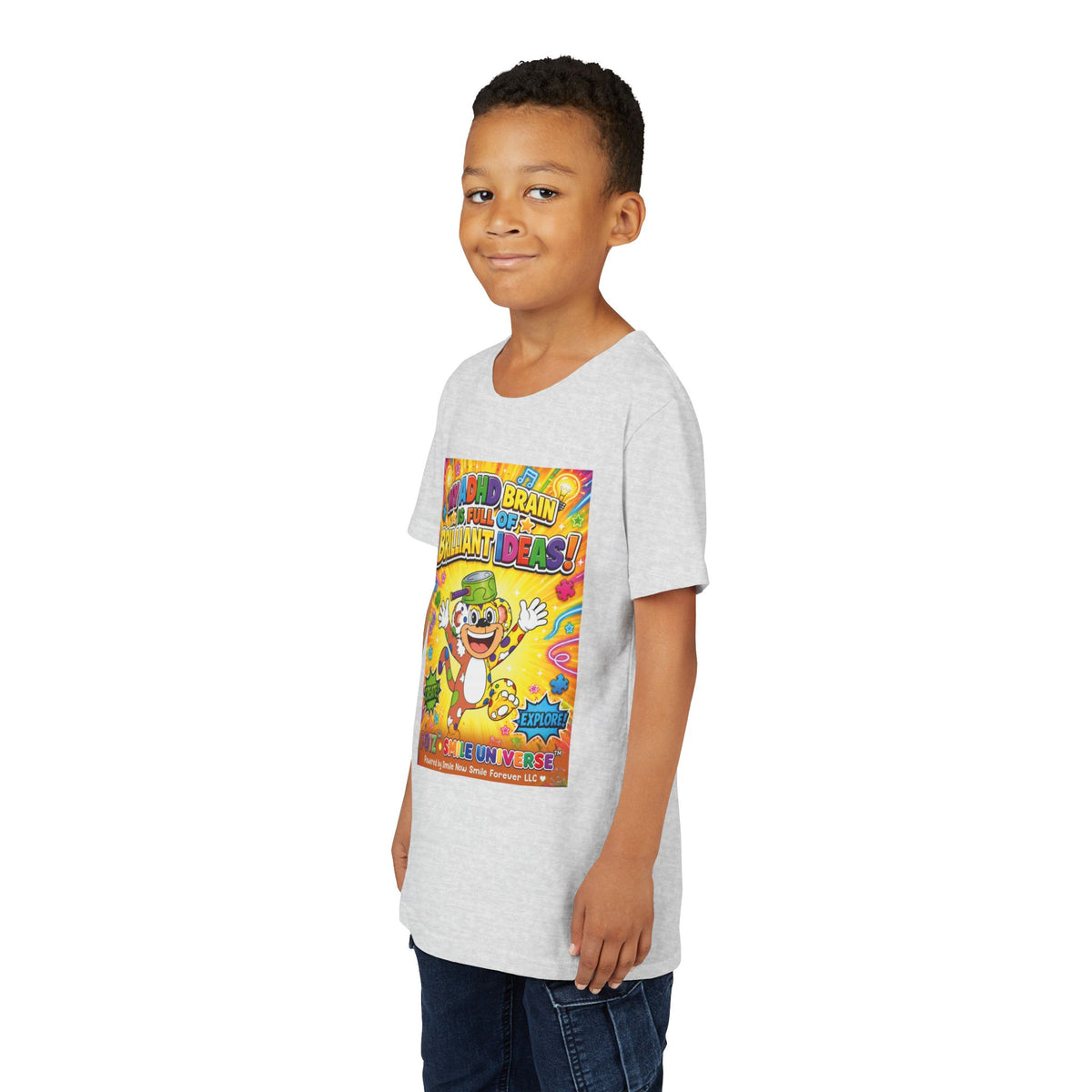 Potz™ Youth Short Sleeve Tee – "My ADHD Brain is Full of Brilliant Ideas!" Graphic Tee | Smile Universe Collection