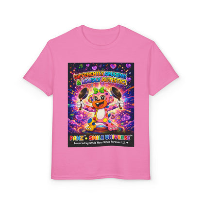 Panz™ Youth DryBlend® T-Shirt – "Differently Amazing & Loudly Autistic!" Graphic | Smile Universe Collection