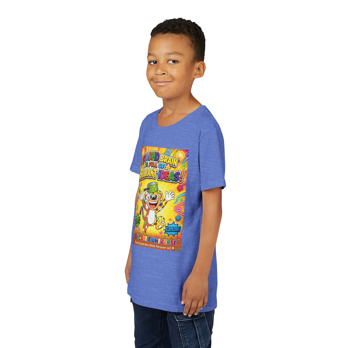 Potz™ Youth Short Sleeve Tee – "My ADHD Brain is Full of Brilliant Ideas!" Graphic Tee | Smile Universe Collection