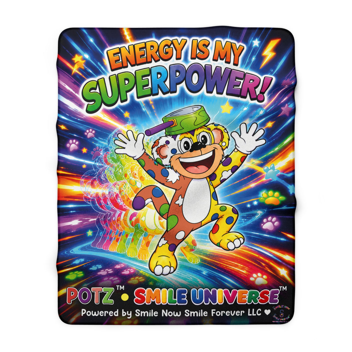 Potz™ Sherpa Fleece Blanket – "Energy is My Superpower!" Graphic Throw | Smile Universe Collection
