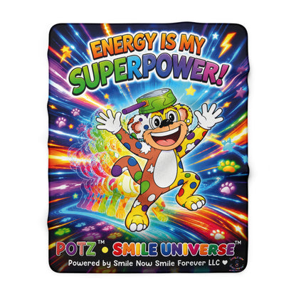 Potz™ Sherpa Fleece Blanket – "Energy is My Superpower!" Graphic Throw | Smile Universe Collection