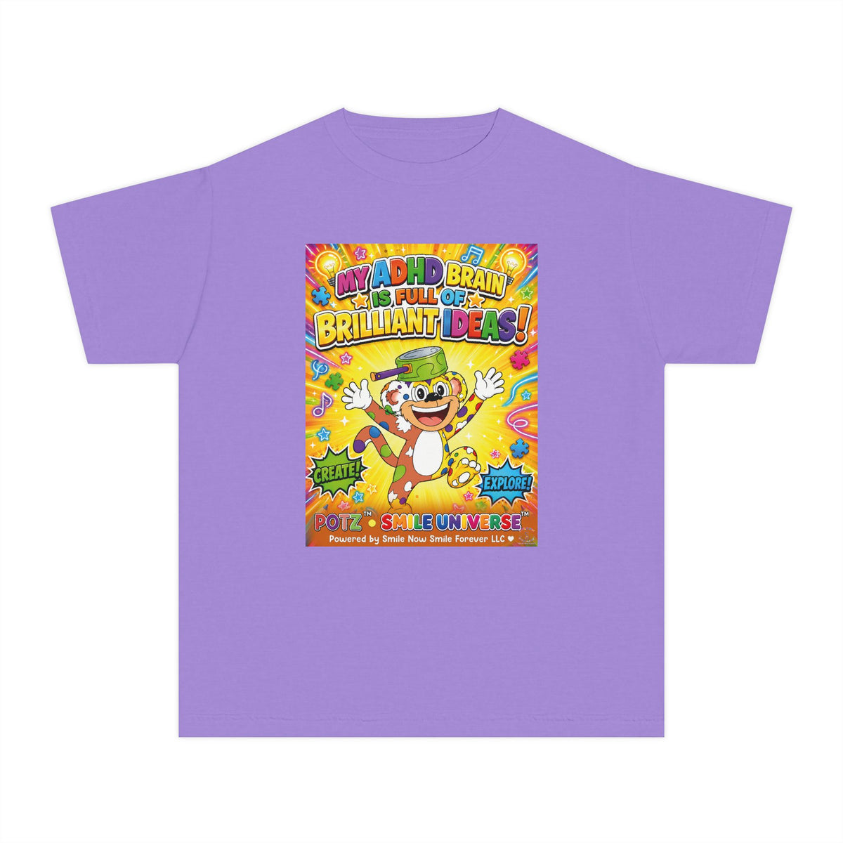 Potz™ Youth Midweight Tee – "My ADHD Brain is Full of Brilliant Ideas!" Graphic Tee | Smile Universe Collection