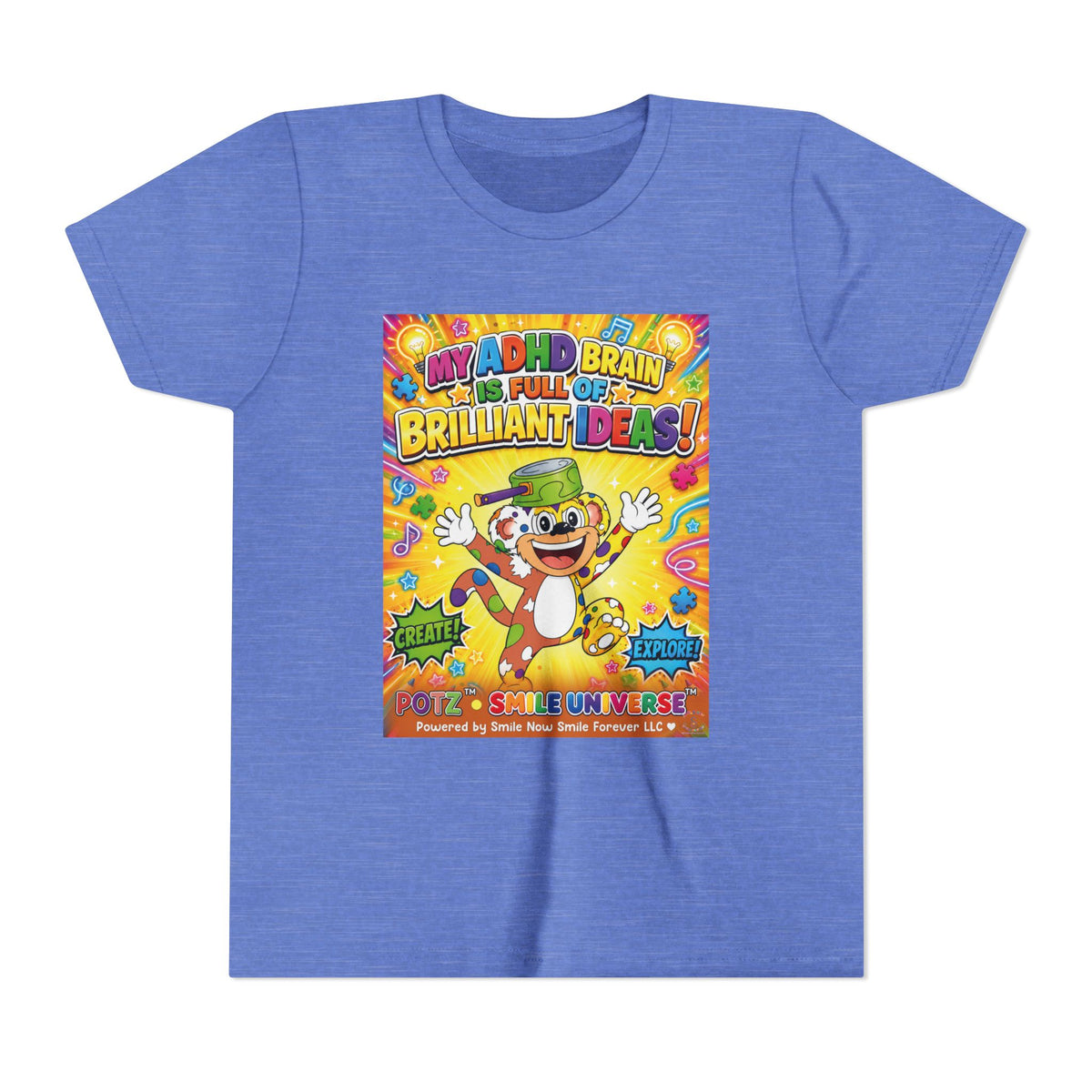 Potz™ Youth Short Sleeve Tee – "My ADHD Brain is Full of Brilliant Ideas!" Graphic Tee | Smile Universe Collection