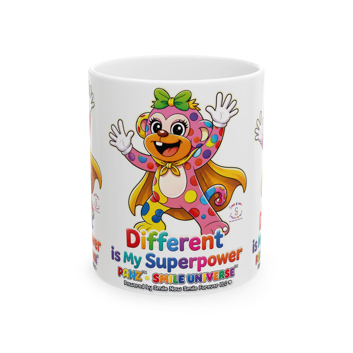 Panz™ Ceramic Mug (11oz & 15oz) – "Different is My Superpower" Graphic | Smile Universe Collection