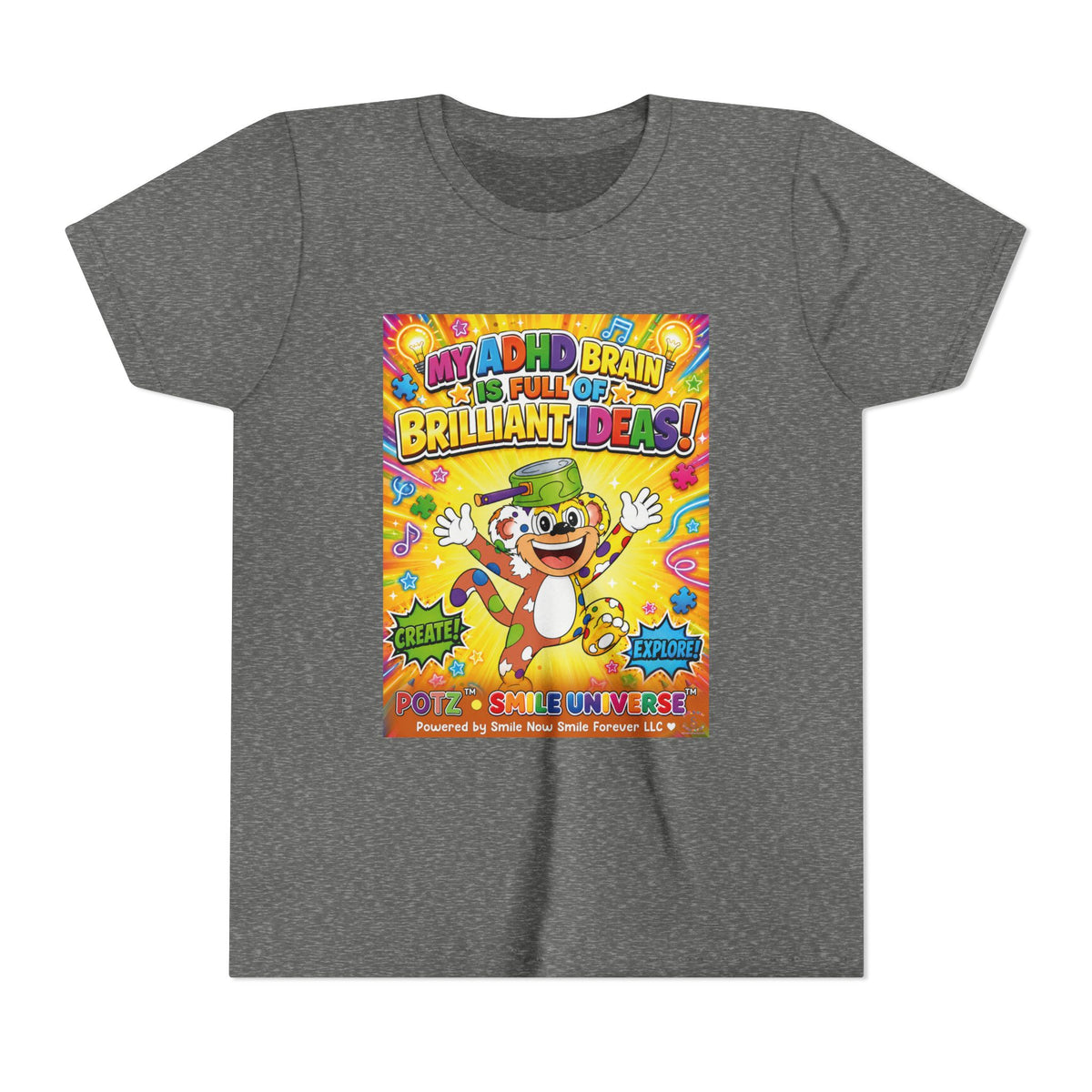 Potz™ Youth Short Sleeve Tee – "My ADHD Brain is Full of Brilliant Ideas!" Graphic Tee | Smile Universe Collection