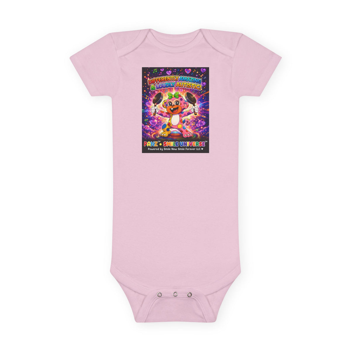 Panz™ Baby Short Sleeve Onesie® – "Differently Amazing & Loudly Autistic!" Graphic | Smile Universe Collection