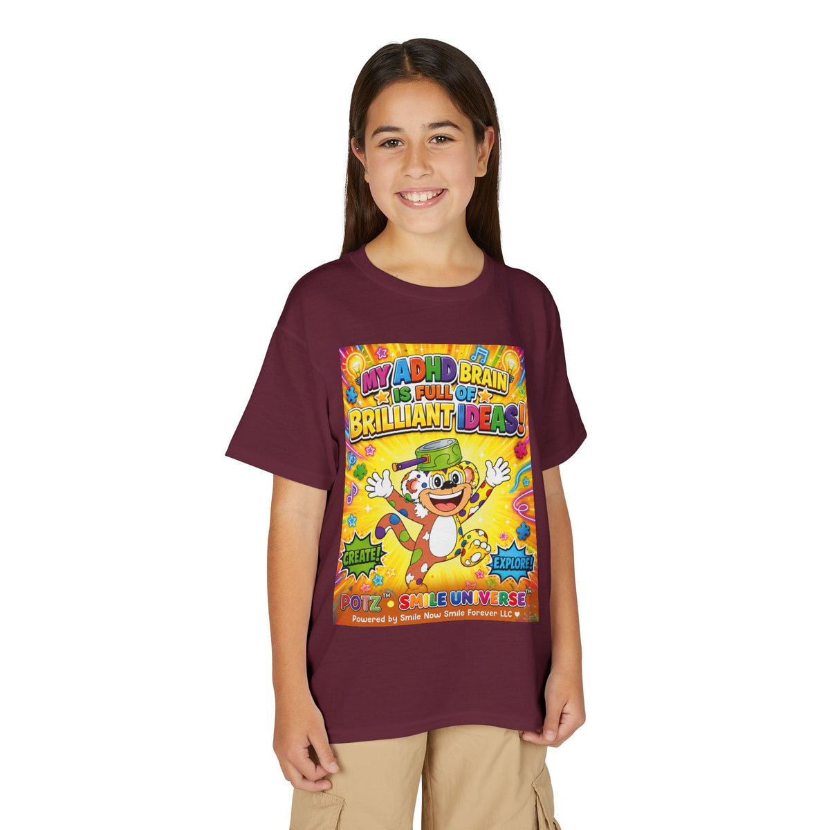 Potz™ Youth DryBlend® T-Shirt – "My ADHD Brain is Full of Brilliant Ideas!" Graphic Tee | Smile Universe Collection