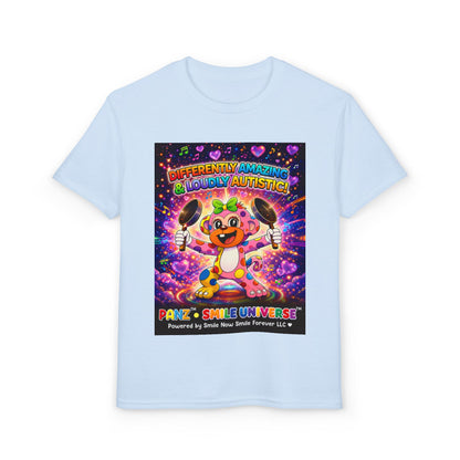 Panz™ Youth DryBlend® T-Shirt – "Differently Amazing & Loudly Autistic!" Graphic | Smile Universe Collection