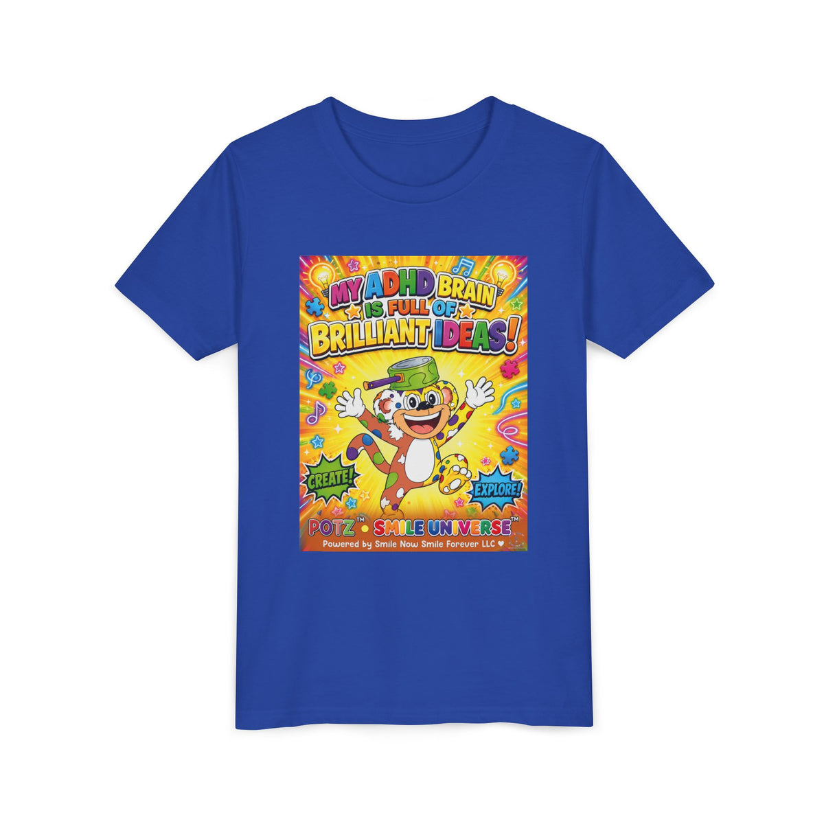 Potz™ Youth Short Sleeve Tee – "My ADHD Brain is Full of Brilliant Ideas!" Graphic Tee | Smile Universe Collection