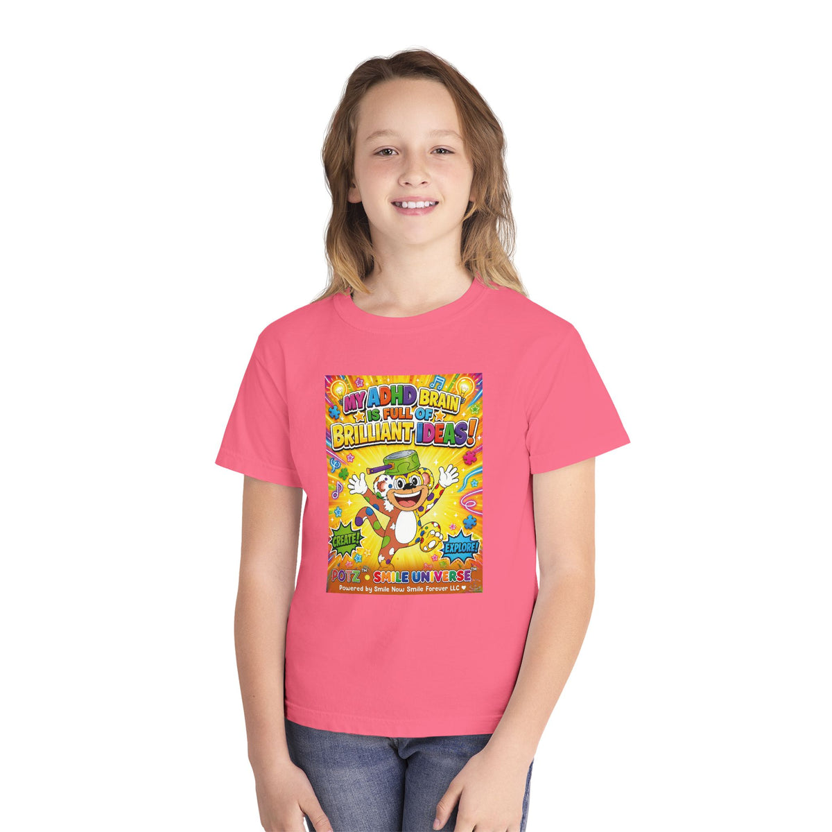 Potz™ Youth Midweight Tee – "My ADHD Brain is Full of Brilliant Ideas!" Graphic Tee | Smile Universe Collection