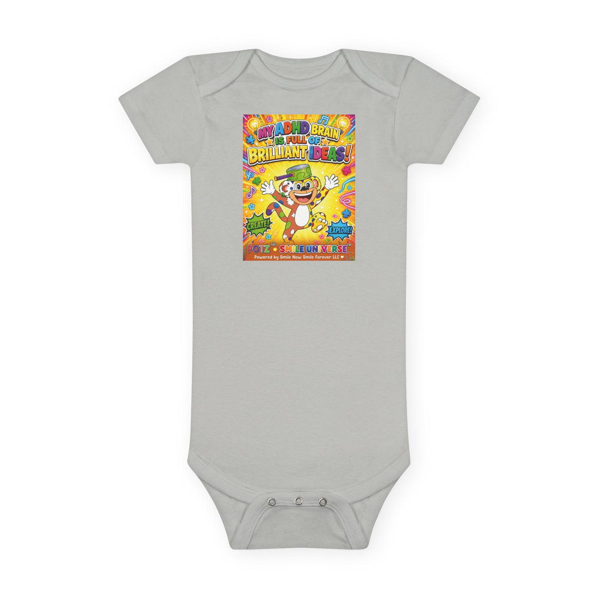 Potz™ Baby Short Sleeve Onesie® – "My ADHD Brain is Full of Brilliant Ideas!" Graphic Bodysuit | Smile Universe Collection