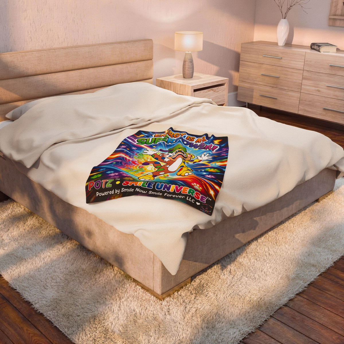 Potz™ Velveteen Plush Blanket – "Energy is My Superpower!" Graphic Throw | Smile Universe Collection