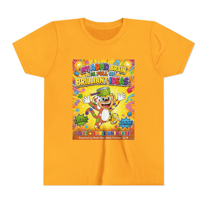 Potz™ Youth Short Sleeve Tee – "My ADHD Brain is Full of Brilliant Ideas!" Graphic Tee | Smile Universe Collection