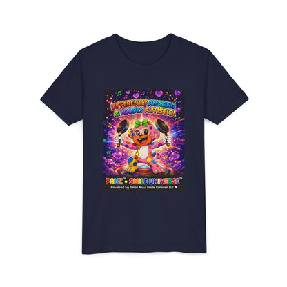 Panz™ Youth Short Sleeve Tee – "Differently Amazing & Loudly Autistic!" Graphic | Smile Universe Collection