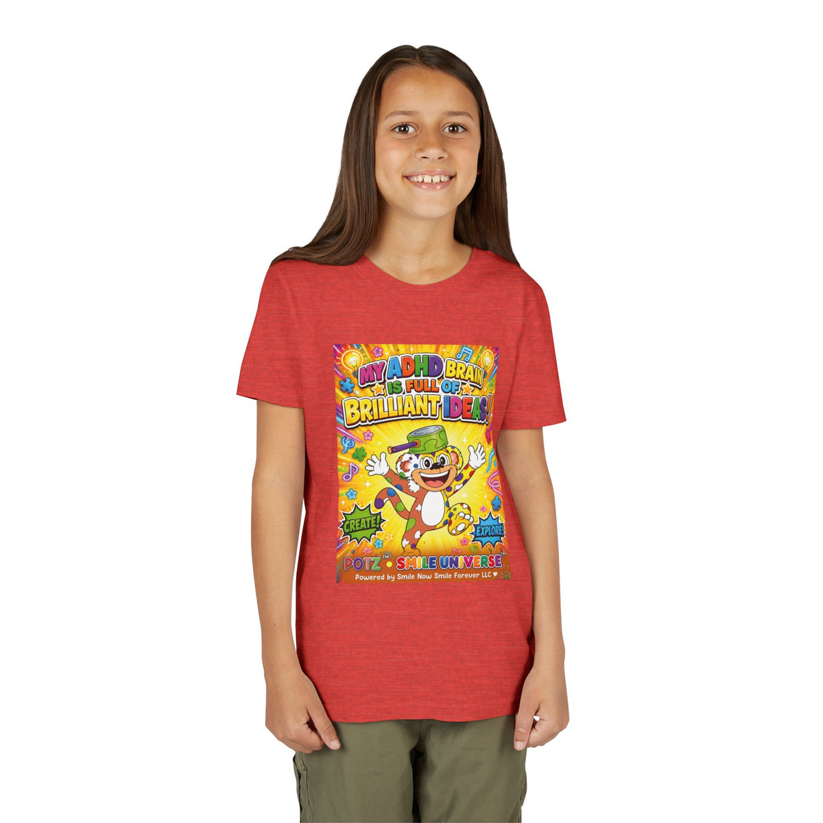 Potz™ Youth Short Sleeve Tee – "My ADHD Brain is Full of Brilliant Ideas!" Graphic Tee | Smile Universe Collection
