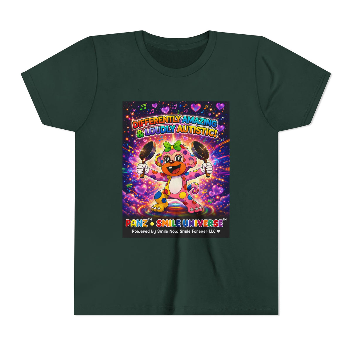 Panz™ Youth Short Sleeve Tee – "Differently Amazing & Loudly Autistic!" Graphic | Smile Universe Collection