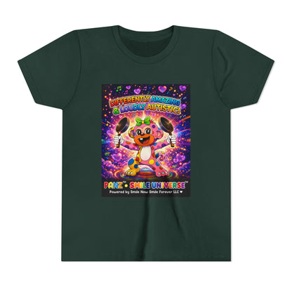 Panz™ Youth Short Sleeve Tee – "Differently Amazing & Loudly Autistic!" Graphic | Smile Universe Collection