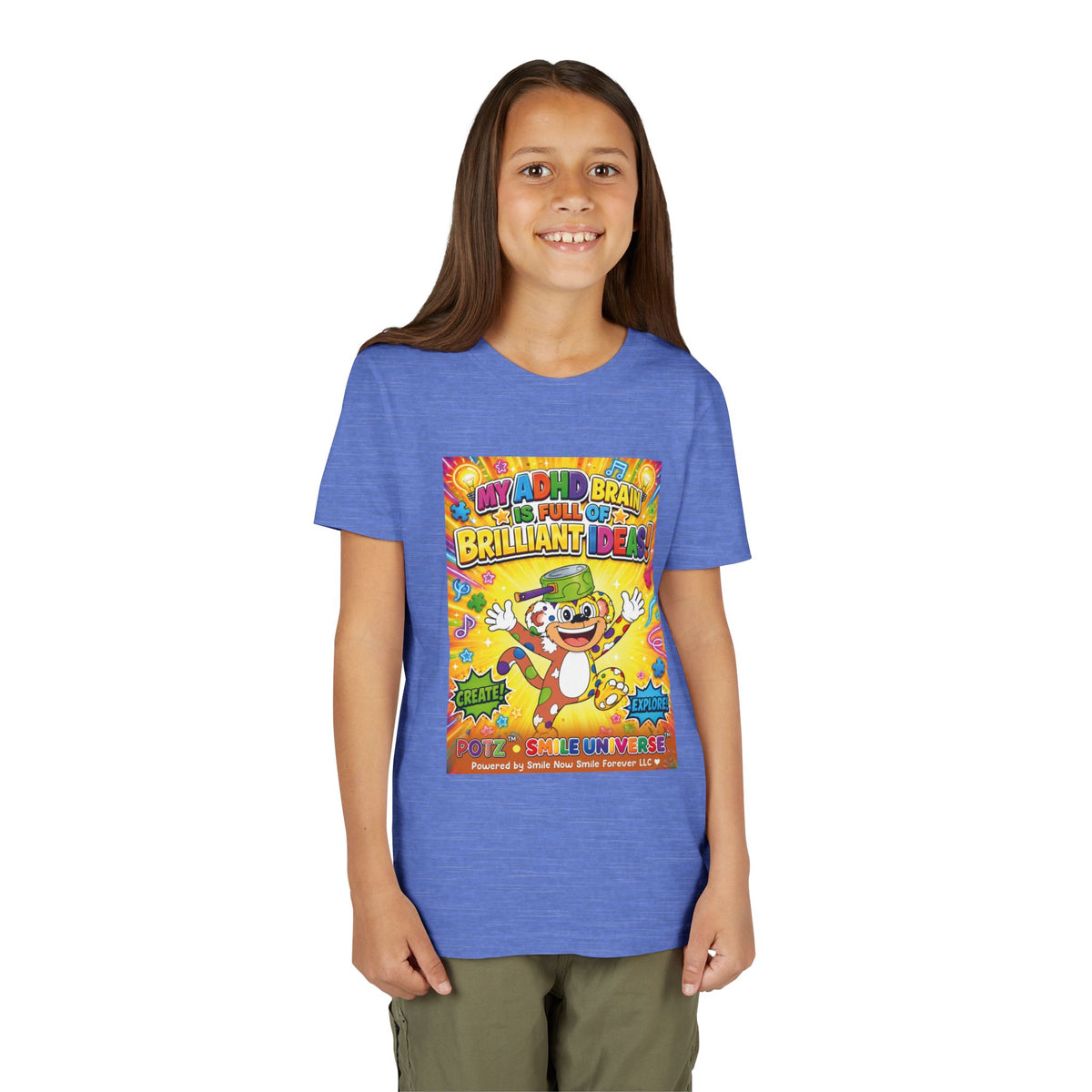 Potz™ Youth Short Sleeve Tee – "My ADHD Brain is Full of Brilliant Ideas!" Graphic Tee | Smile Universe Collection