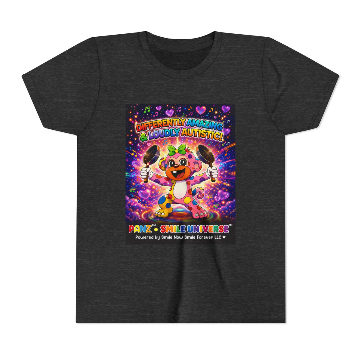 Panz™ Youth Short Sleeve Tee – "Differently Amazing & Loudly Autistic!" Graphic | Smile Universe Collection
