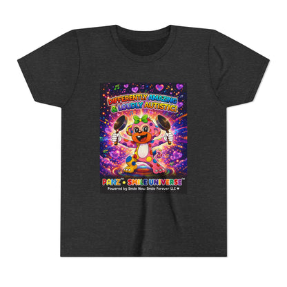 Panz™ Youth Short Sleeve Tee – "Differently Amazing & Loudly Autistic!" Graphic | Smile Universe Collection