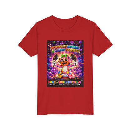 Panz™ Youth Short Sleeve Tee – "Differently Amazing & Loudly Autistic!" Graphic | Smile Universe Collection