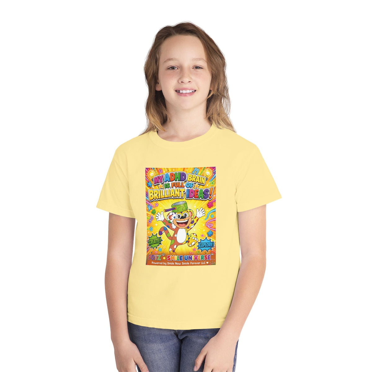 Potz™ Youth Midweight Tee – "My ADHD Brain is Full of Brilliant Ideas!" Graphic Tee | Smile Universe Collection