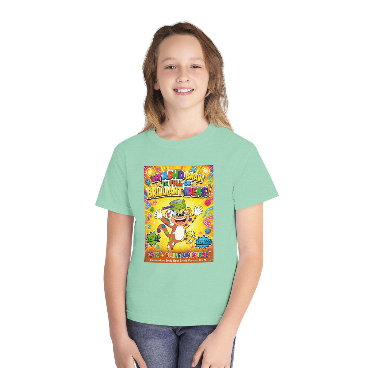 Potz™ Youth Midweight Tee – "My ADHD Brain is Full of Brilliant Ideas!" Graphic Tee | Smile Universe Collection