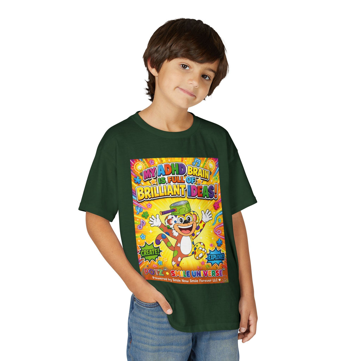 Potz™ Youth DryBlend® T-Shirt – "My ADHD Brain is Full of Brilliant Ideas!" Graphic Tee | Smile Universe Collection