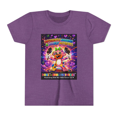 Panz™ Youth Short Sleeve Tee – "Differently Amazing & Loudly Autistic!" Graphic | Smile Universe Collection