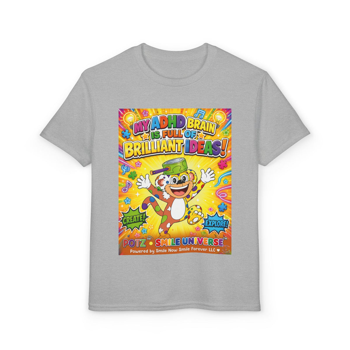 Potz™ Youth DryBlend® T-Shirt – "My ADHD Brain is Full of Brilliant Ideas!" Graphic Tee | Smile Universe Collection