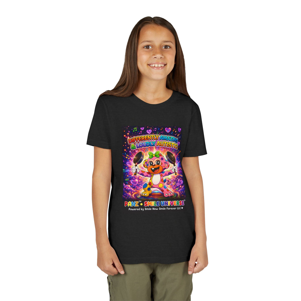 Panz™ Youth Short Sleeve Tee – "Differently Amazing & Loudly Autistic!" Graphic | Smile Universe Collection