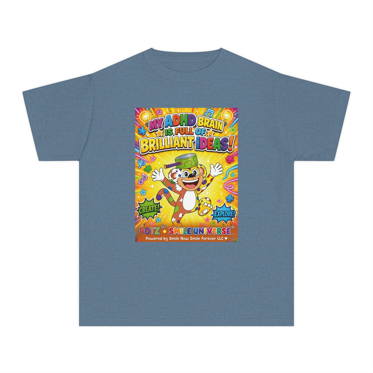 Potz™ Youth Midweight Tee – "My ADHD Brain is Full of Brilliant Ideas!" Graphic Tee | Smile Universe Collection