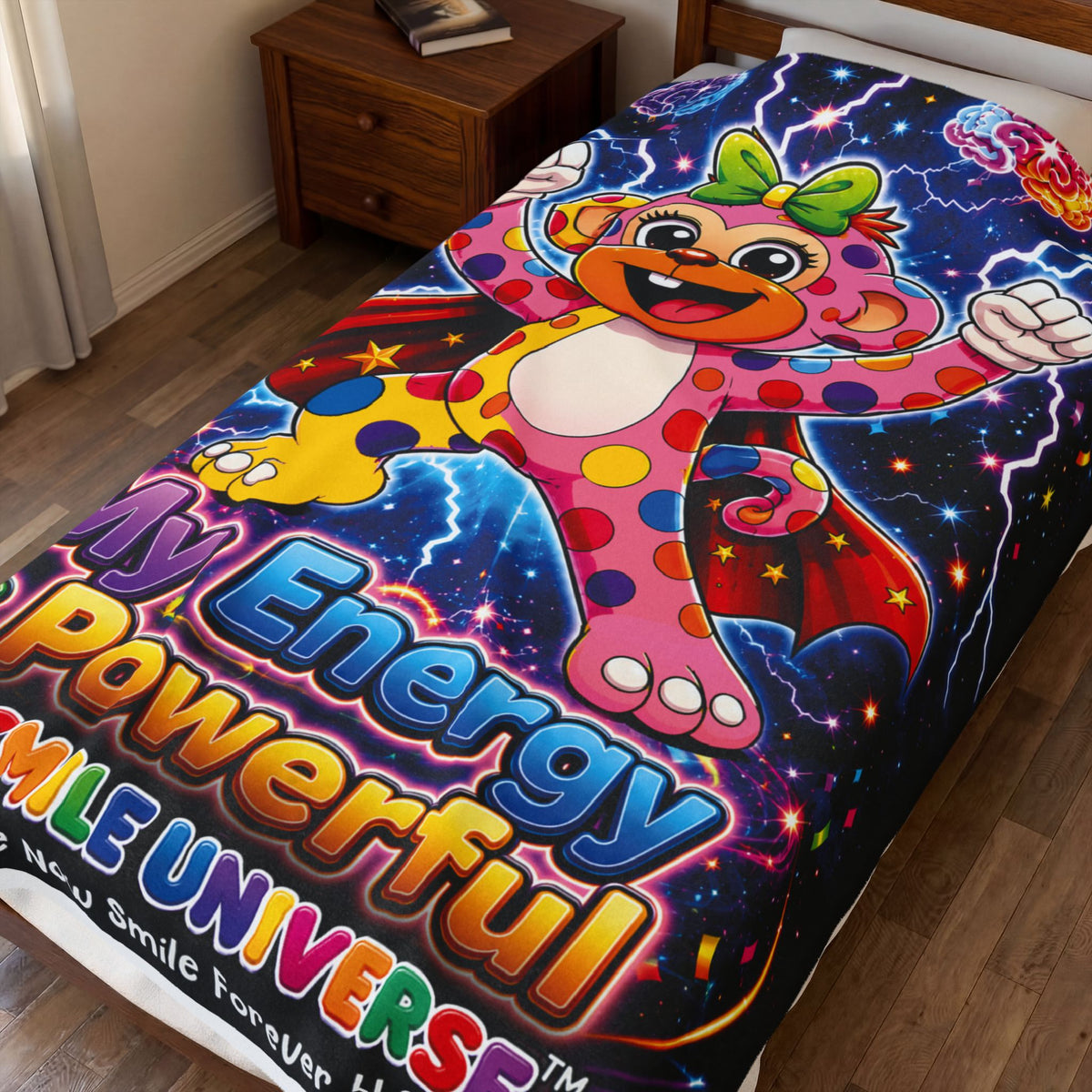 Panz™ Velveteen Plush Blanket – "My Energy is Powerful" Graphic Throw | Smile Universe Collection
