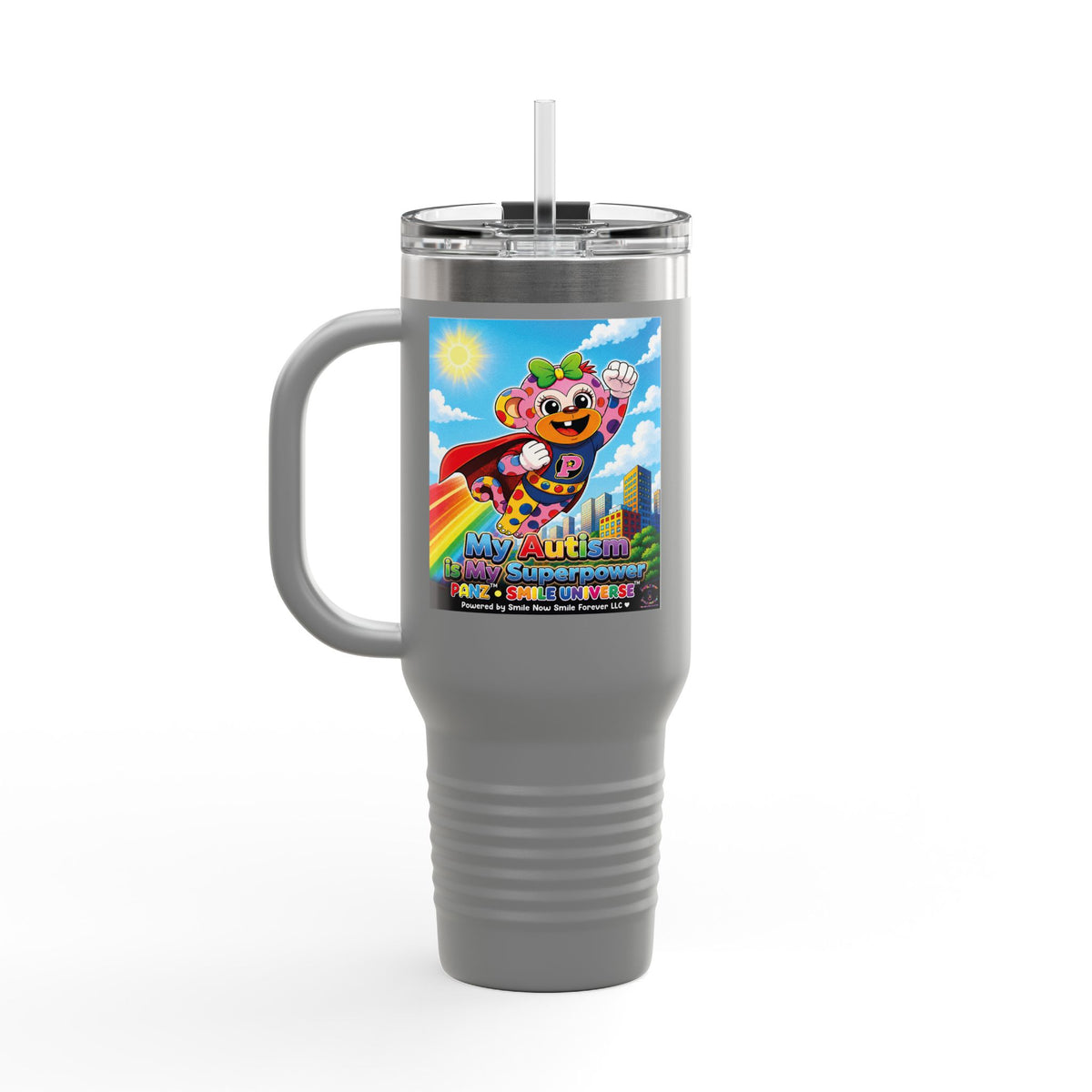 Panz™ 40oz Insulated Travel Mug – "My Autism is My Superpower" Graphic | Smile Universe Collection