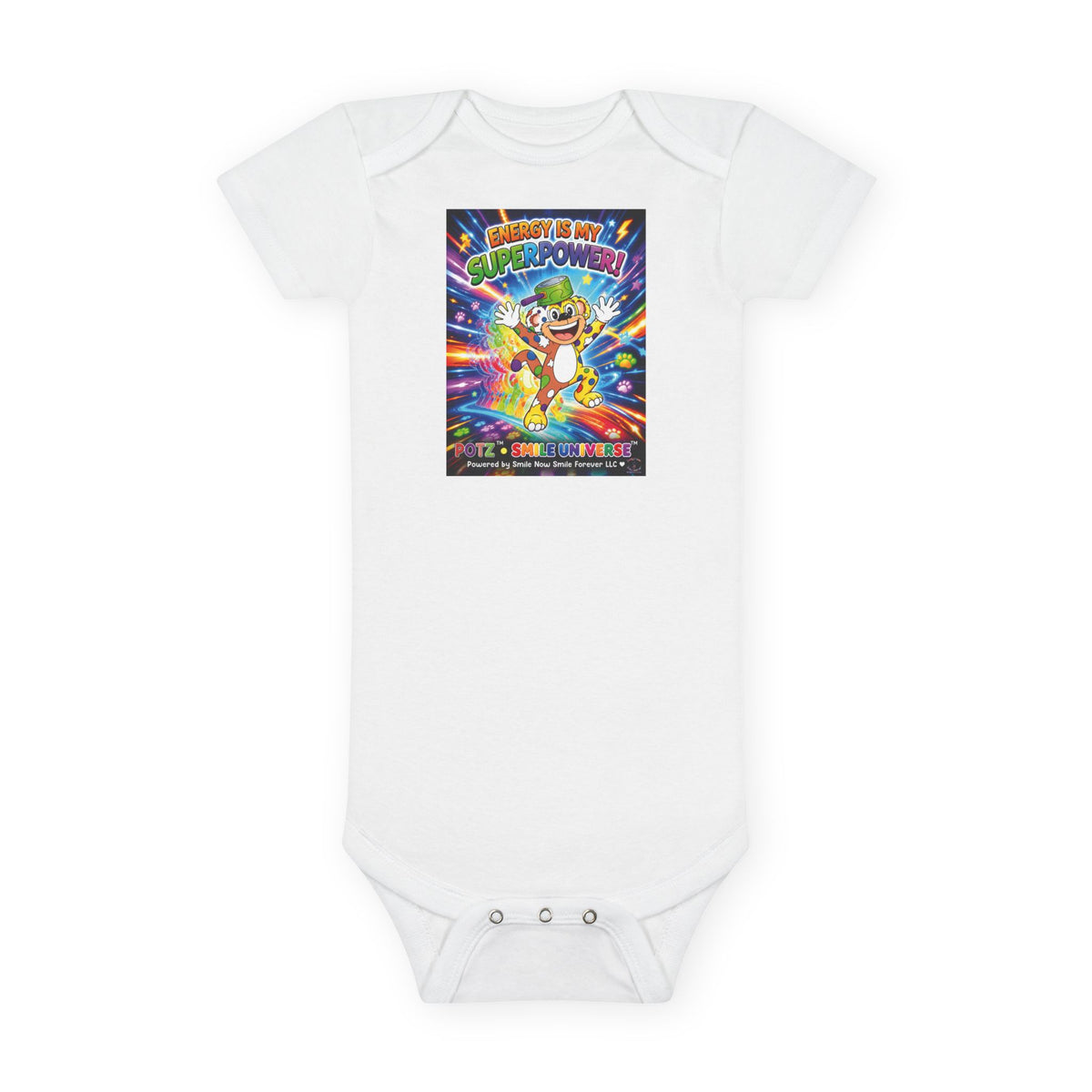 Potz™ Baby Short Sleeve Onesie® – "Energy is My Superpower!" Graphic Bodysuit | Smile Universe Collection