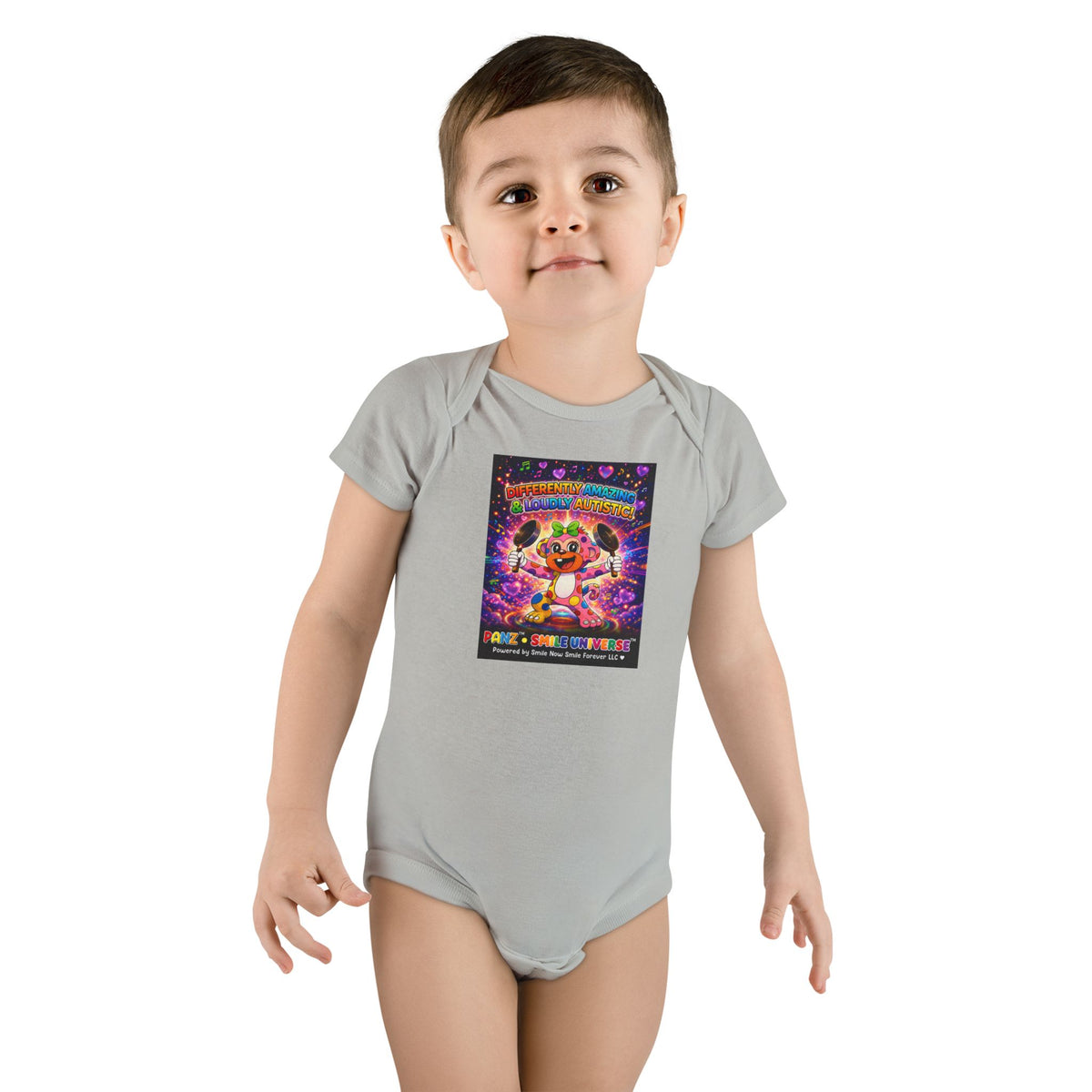 Panz™ Baby Short Sleeve Onesie® – "Differently Amazing & Loudly Autistic!" Graphic | Smile Universe Collection