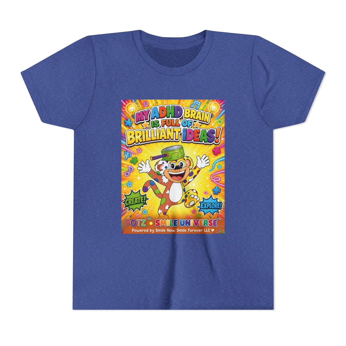 Potz™ Youth Short Sleeve Tee – "My ADHD Brain is Full of Brilliant Ideas!" Graphic Tee | Smile Universe Collection
