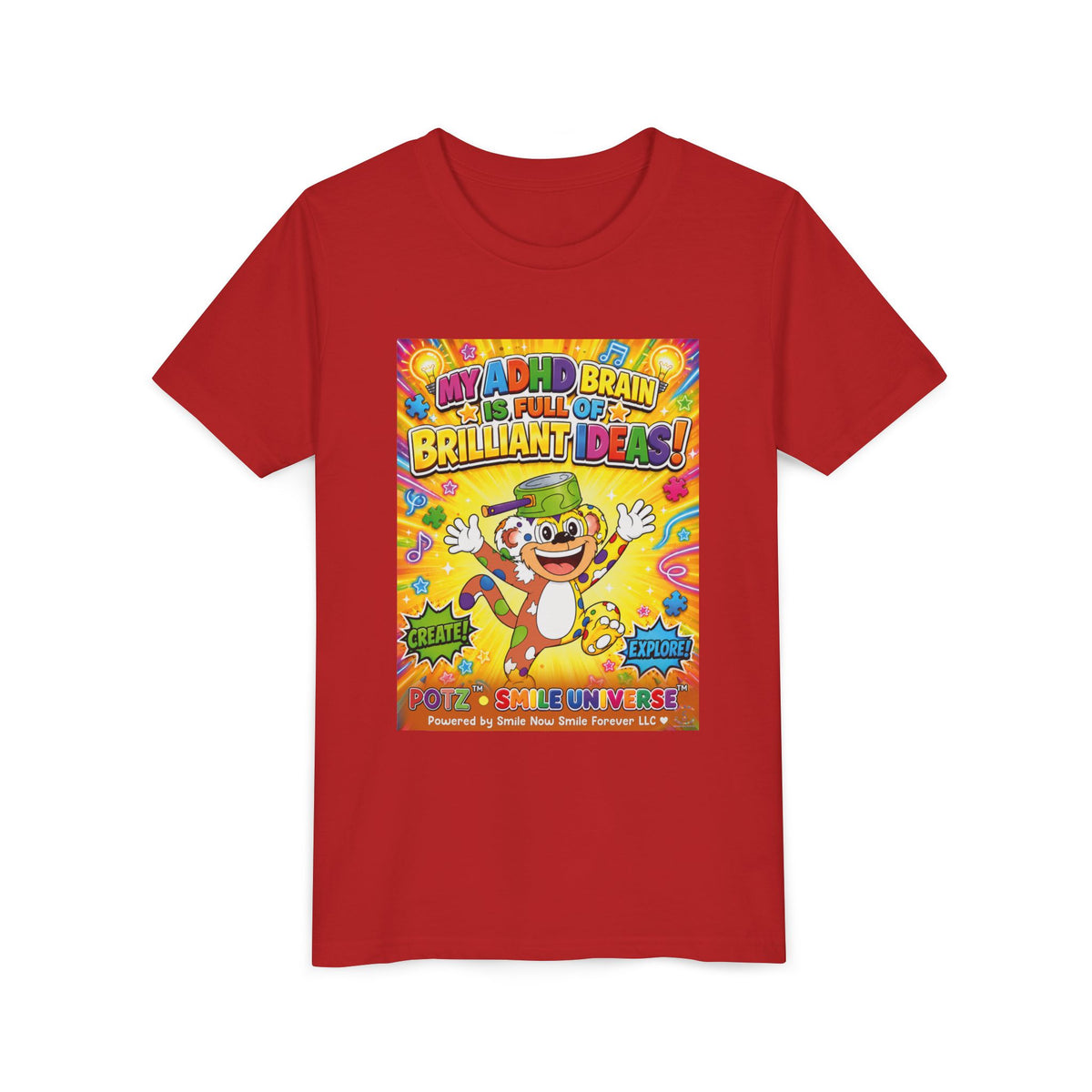 Potz™ Youth Short Sleeve Tee – "My ADHD Brain is Full of Brilliant Ideas!" Graphic Tee | Smile Universe Collection