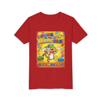 Potz™ Youth Short Sleeve Tee – "My ADHD Brain is Full of Brilliant Ideas!" Graphic Tee | Smile Universe Collection