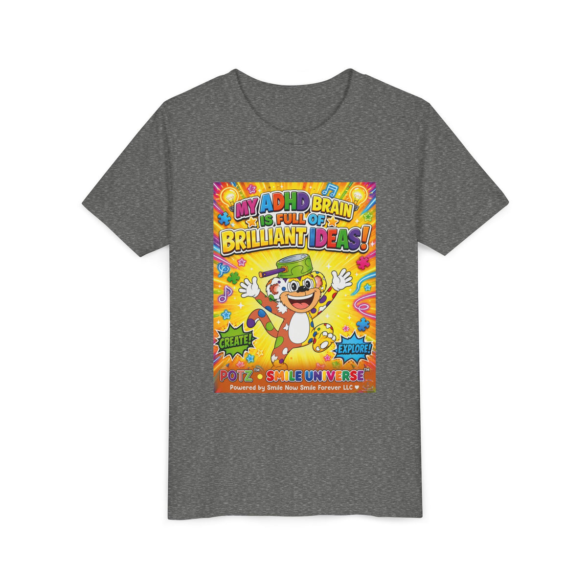 Potz™ Youth Short Sleeve Tee – "My ADHD Brain is Full of Brilliant Ideas!" Graphic Tee | Smile Universe Collection