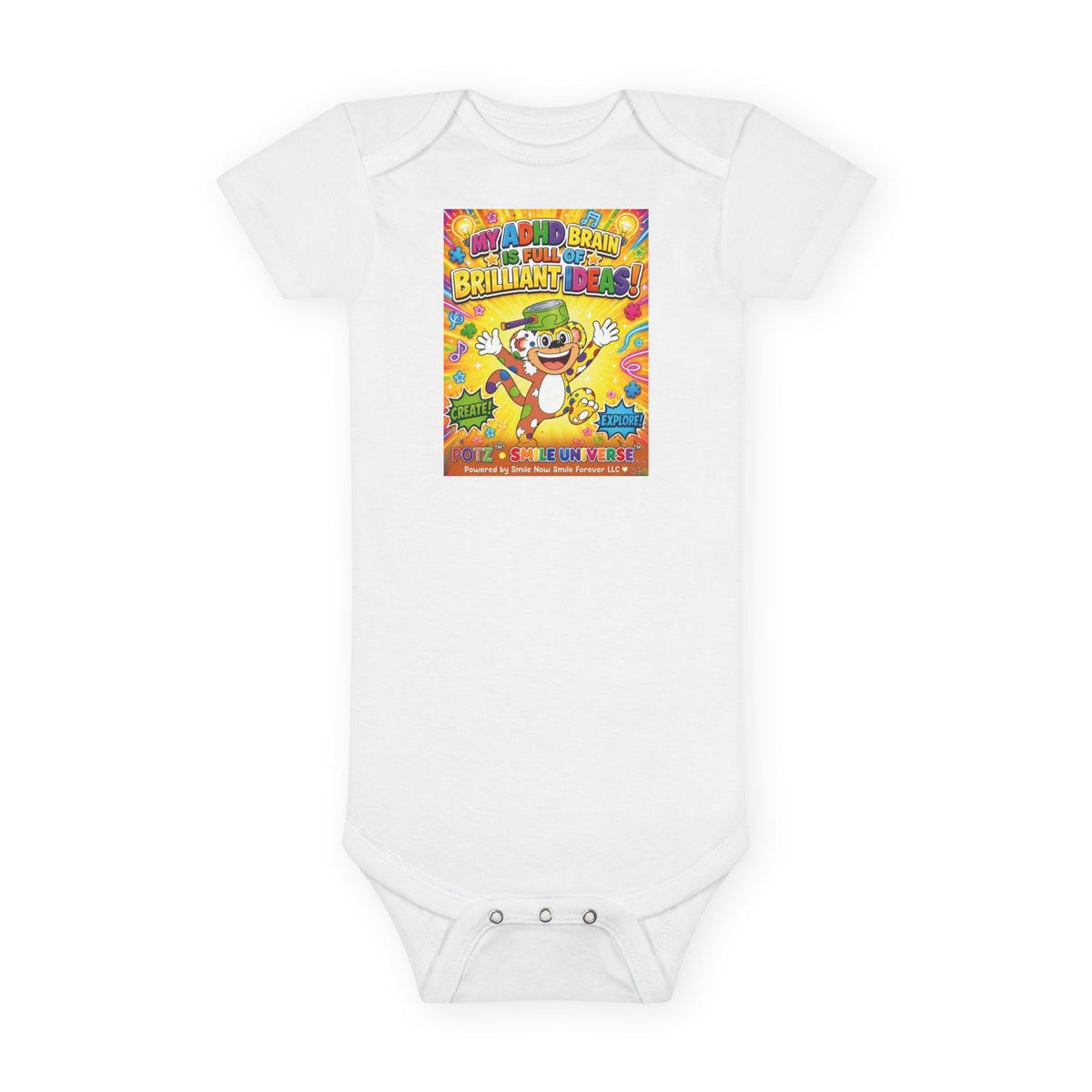 Potz™ Baby Short Sleeve Onesie® – "My ADHD Brain is Full of Brilliant Ideas!" Graphic Bodysuit | Smile Universe Collection