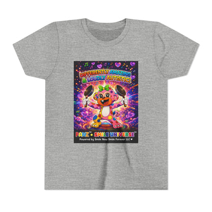 Panz™ Youth Short Sleeve Tee – "Differently Amazing & Loudly Autistic!" Graphic | Smile Universe Collection
