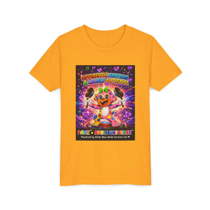 Panz™ Youth Short Sleeve Tee – "Differently Amazing & Loudly Autistic!" Graphic | Smile Universe Collection