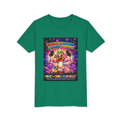 Panz™ Youth Short Sleeve Tee – "Differently Amazing & Loudly Autistic!" Graphic | Smile Universe Collection