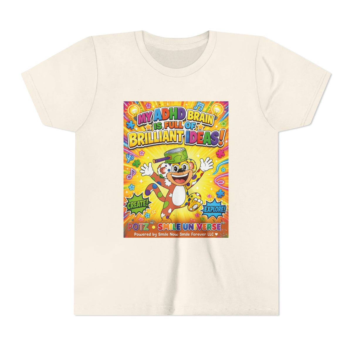 Potz™ Youth Short Sleeve Tee – "My ADHD Brain is Full of Brilliant Ideas!" Graphic Tee | Smile Universe Collection
