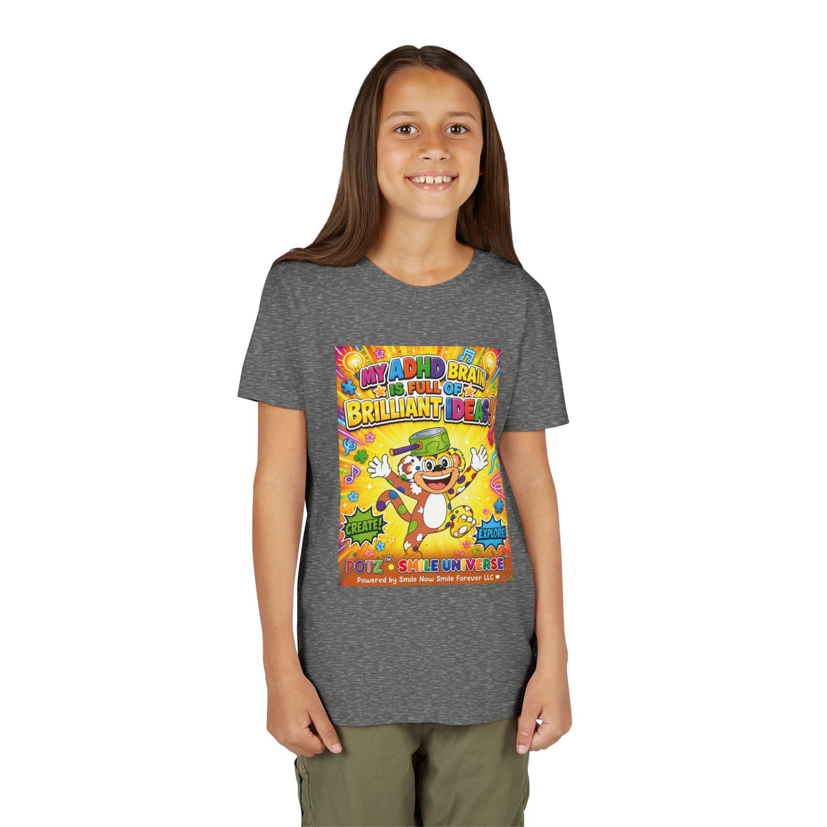 Potz™ Youth Short Sleeve Tee – "My ADHD Brain is Full of Brilliant Ideas!" Graphic Tee | Smile Universe Collection