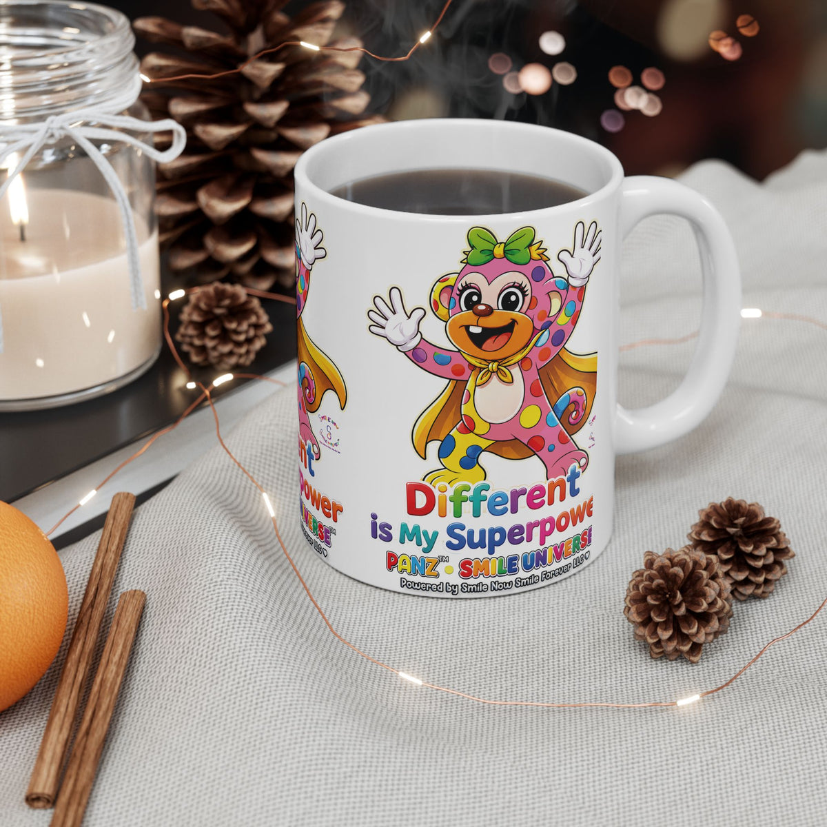 Panz™ Ceramic Mug (11oz & 15oz) – "Different is My Superpower" Graphic | Smile Universe Collection