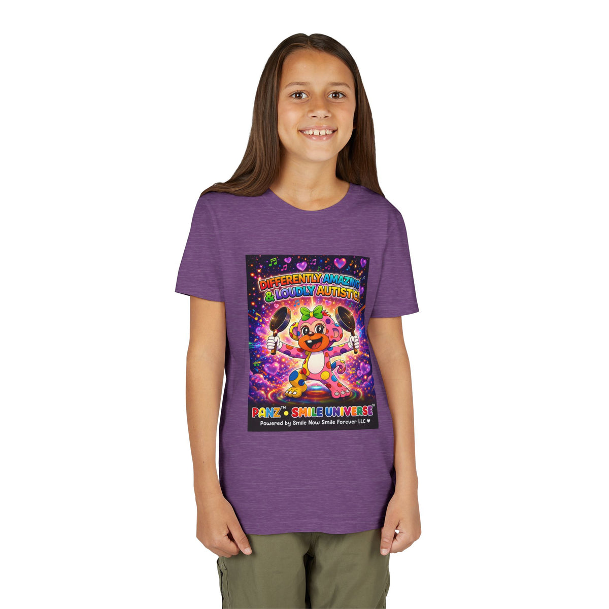 Panz™ Youth Short Sleeve Tee – "Differently Amazing & Loudly Autistic!" Graphic | Smile Universe Collection